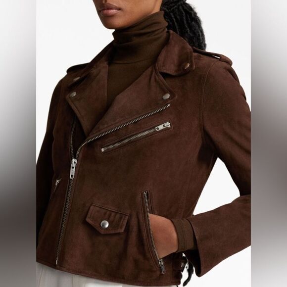 Polo Ralph Lauren notched-collar brown suede biker jacket - Picture 6 of 14